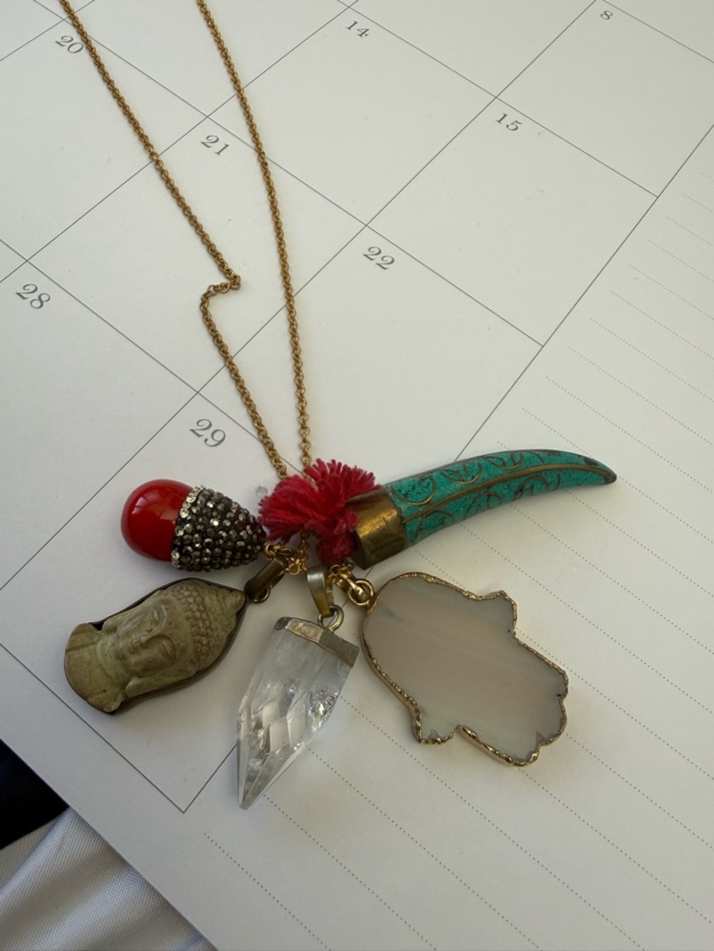 Boho Vintage  Multi-Charm Pendant Necklace in Turquoise , Red , Crystal